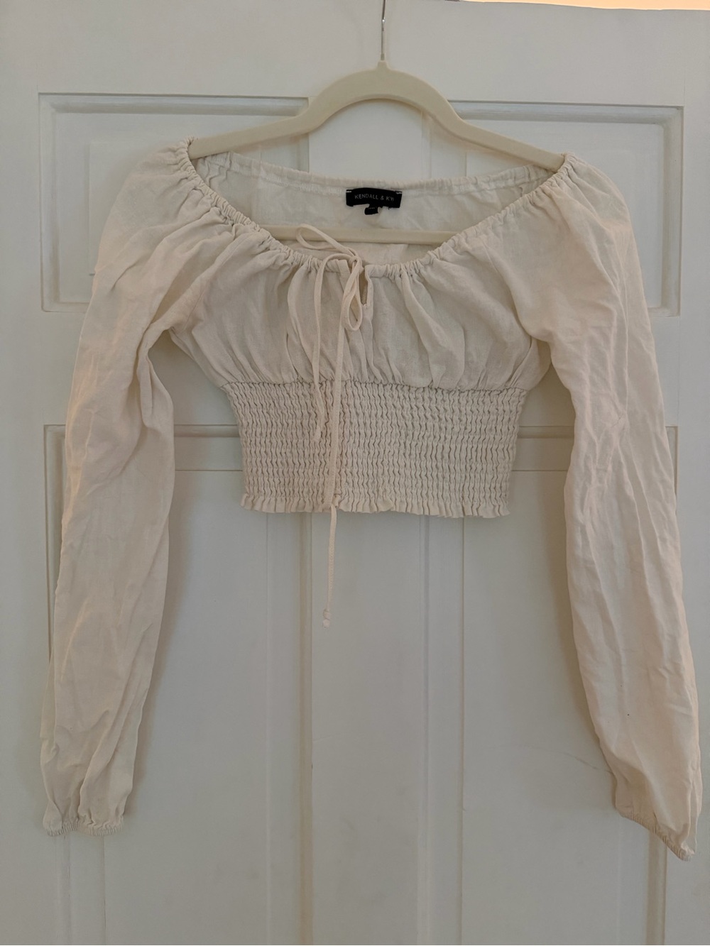 Kendall & Kylie - Women’s White Smocked Cropped Tie Blouse, Puff Sleeve, S